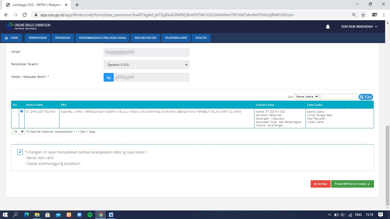 Dashboard OSS Pilih Permohonan IUMK